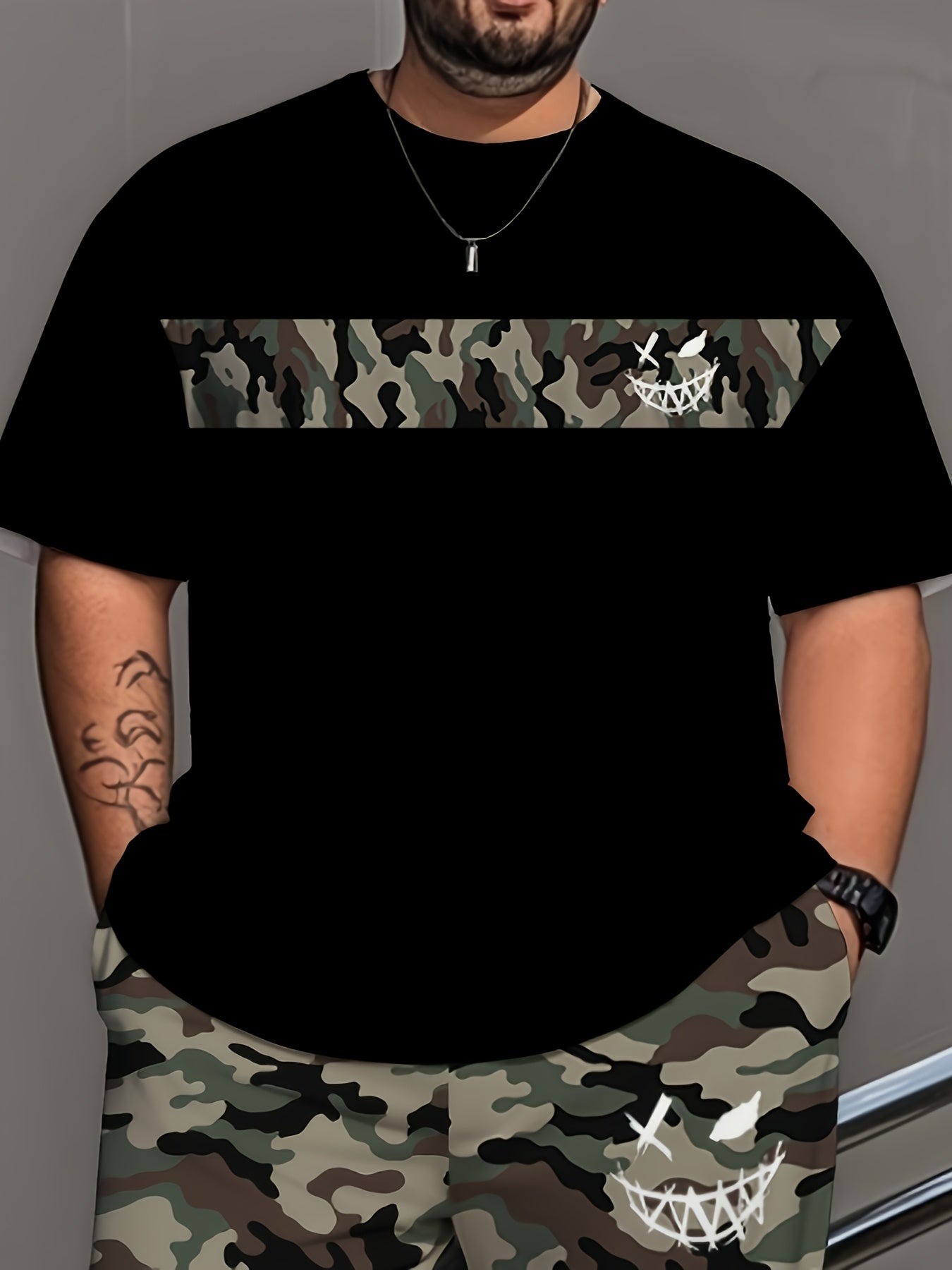 Men's Plus-Size Camouflage Activewear Set Short-Sleeve Top and Long Pants Polyester Stretch Outdoor Sports