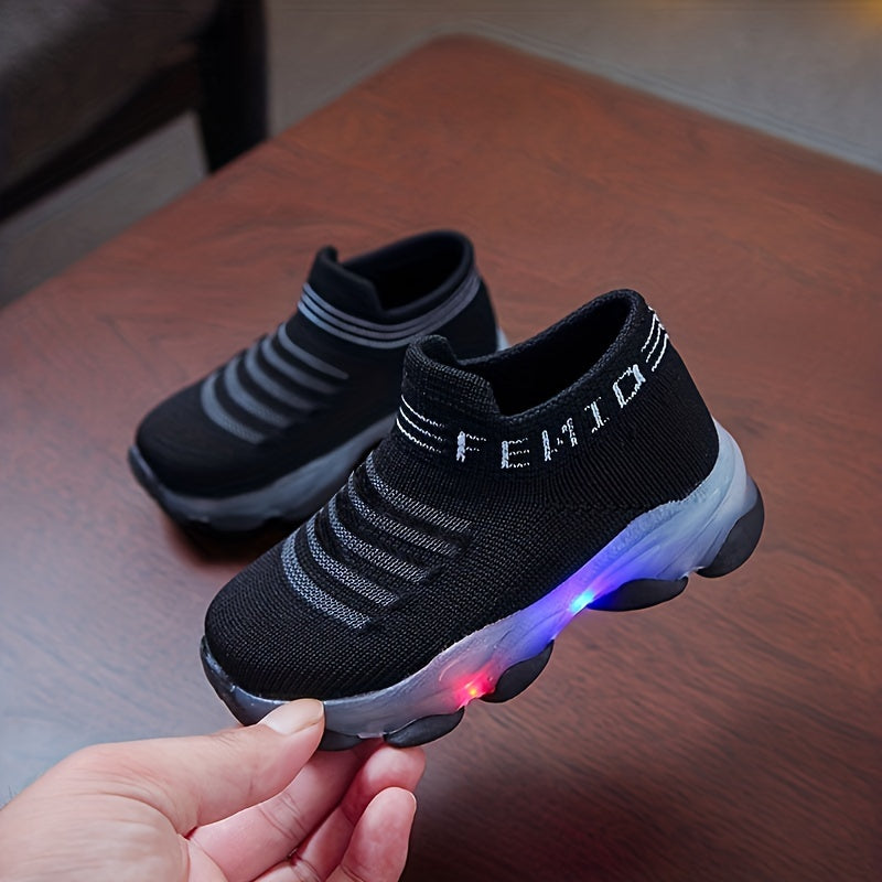 Детские легкие кроссовки для мальчиков и девочек с светодиодными огнями, двухцветная градиентная резиновая подошва