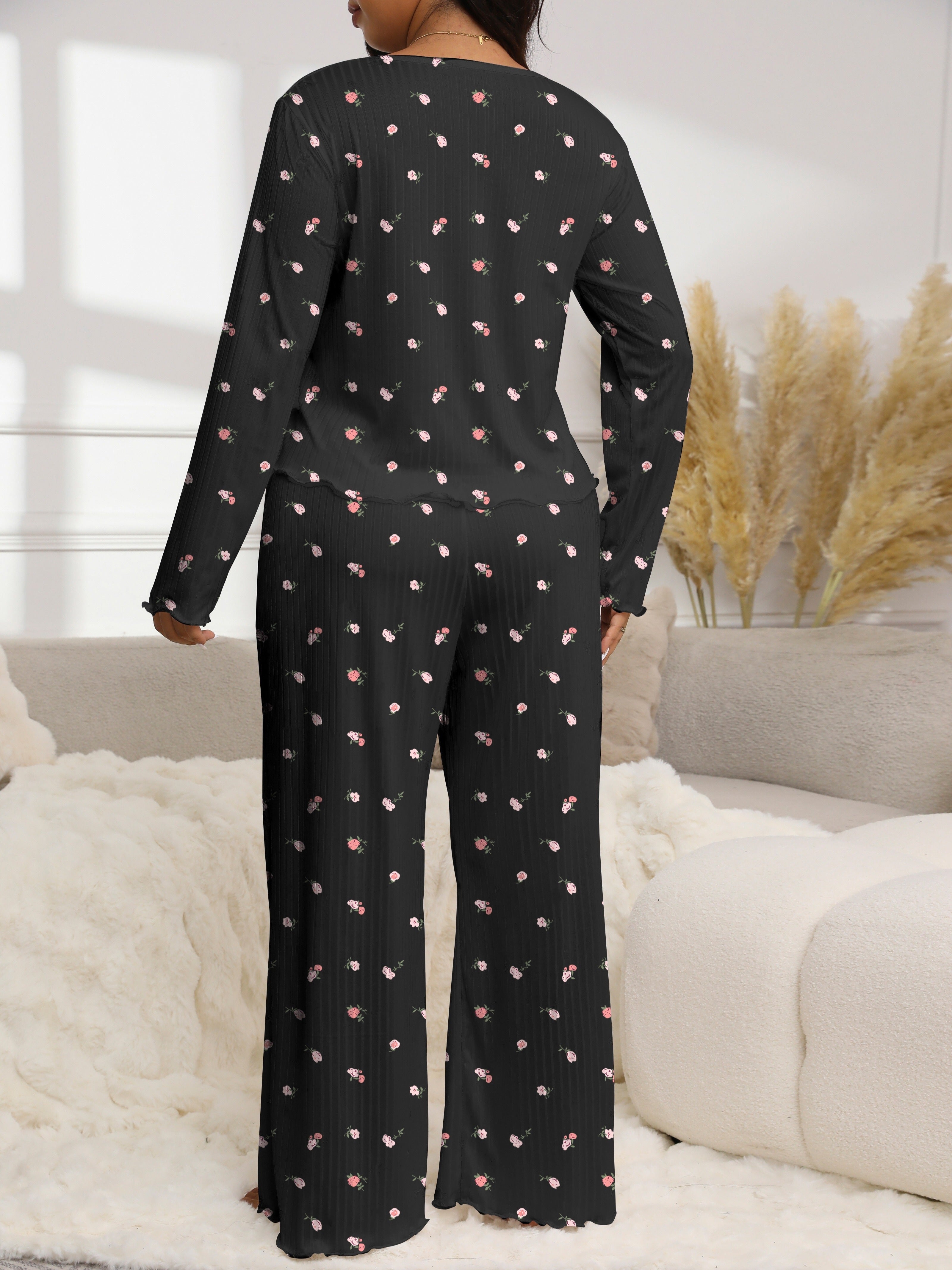 Traje de pantalón de manga larga con estampado floral de tamaño grande y tela texturizada para otoño e invierno