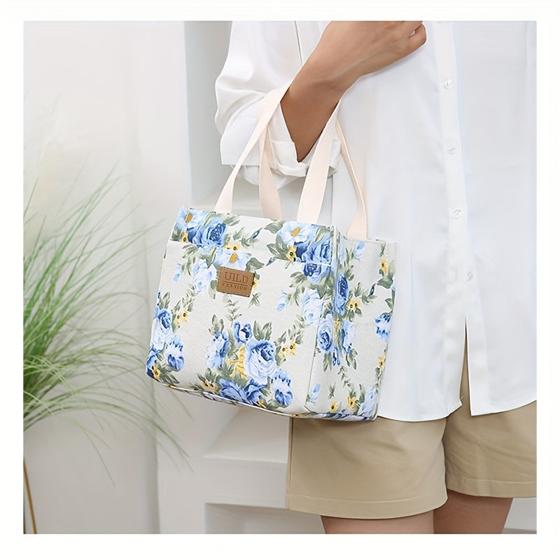 Insulated Waterproof Lunch Bag with Aluminum Foil Floral Canvas Large Capacity for Work Travel Picnics