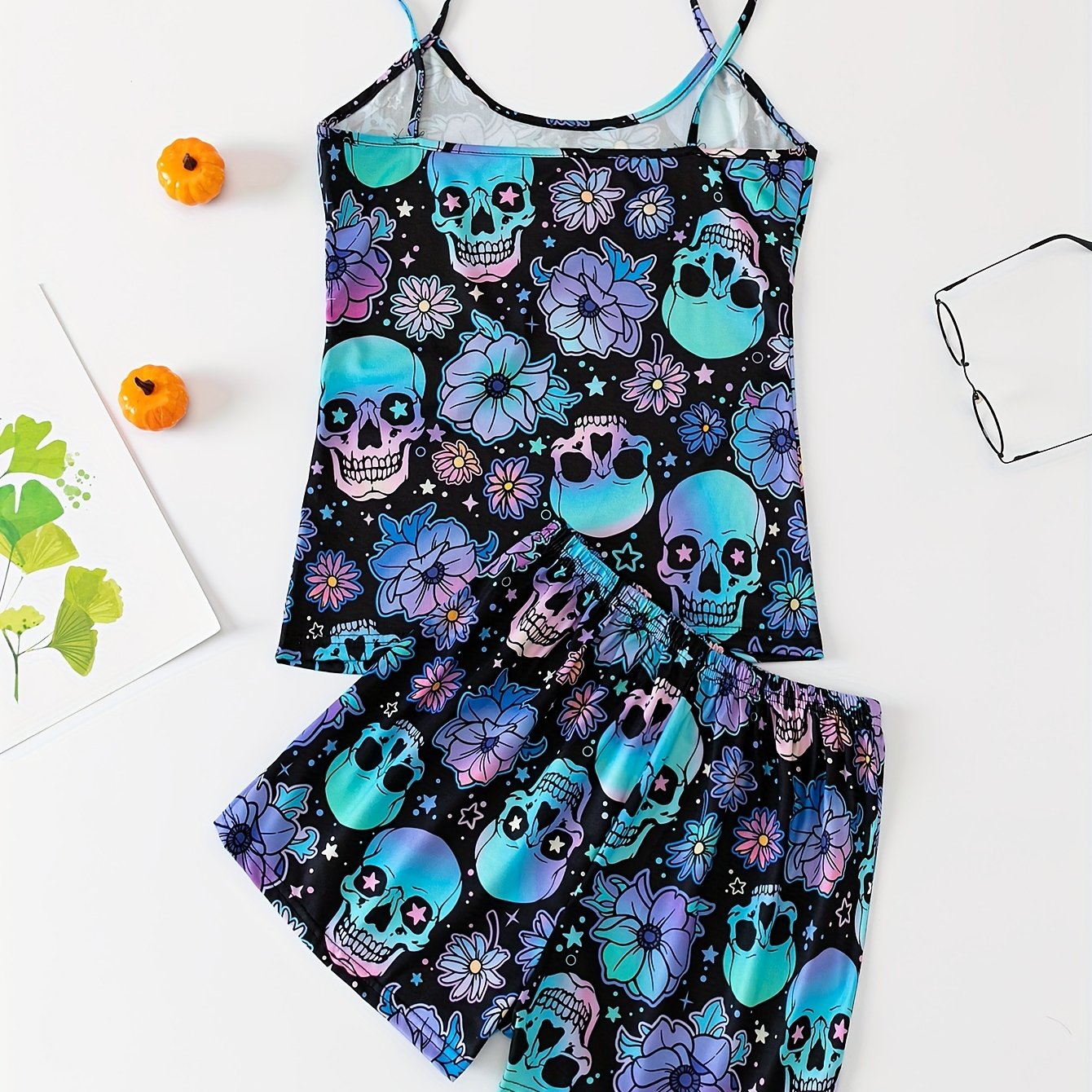 Women's Gothic Sleepwear Pajama Set with Skull and Floral Print Backless Cami Top and Elastic Shorts