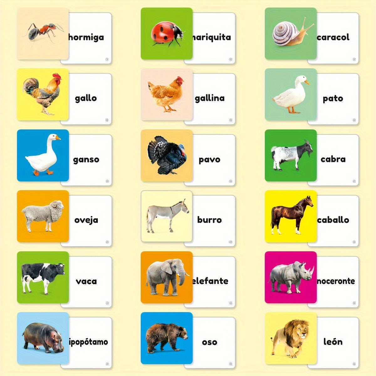 Juego de tarjetas de palabras de animales para niños en español con imágenes y esquinas redondeadas