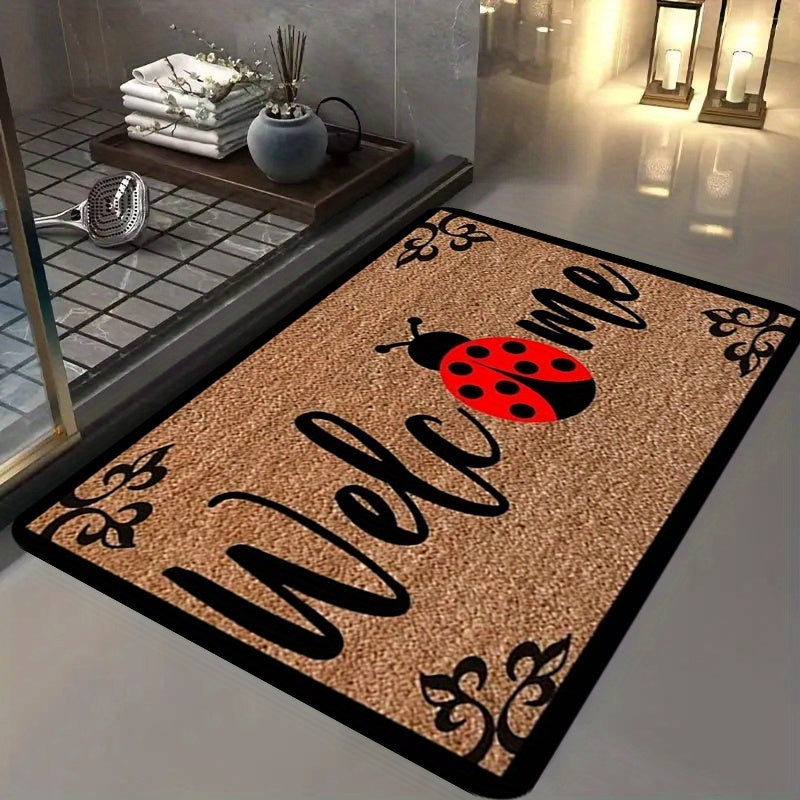 Ladybug Print Door Mat Non-Slip Polyester Entryway Rug 1.1cm Thick Washable