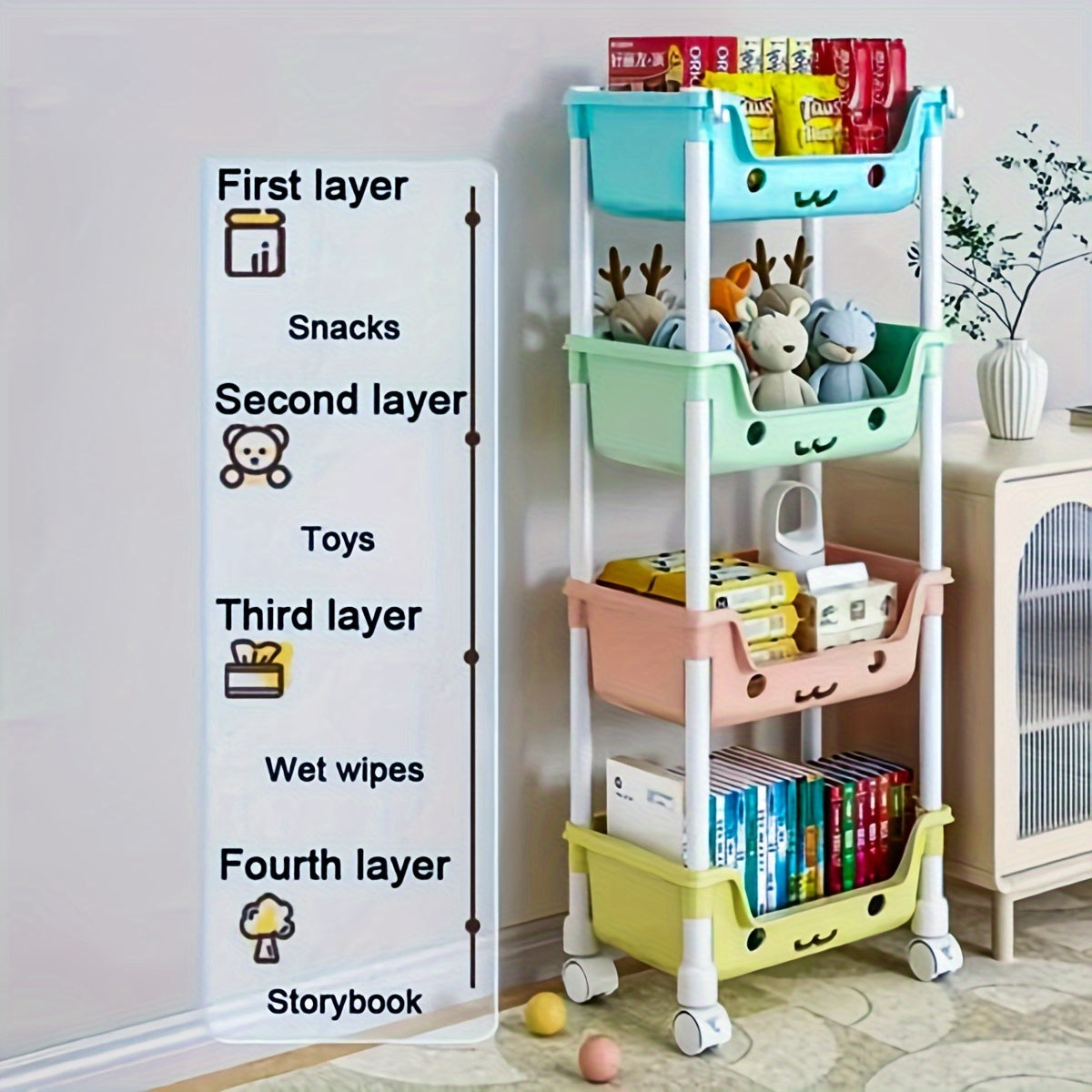 Storage Cart with Swivel Wheels for Home Organization of Snacks Toys Wipes and Books Four Tiers