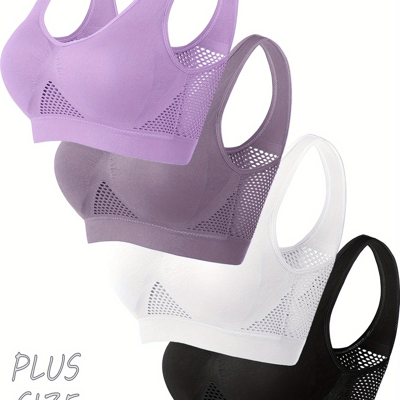 Plus Size Sports Bras 4 Pack Mesh Breathable No Underwire Pads Yoga Fitness