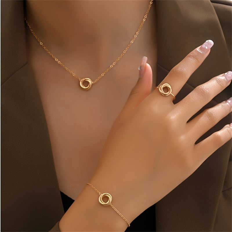Women’s Iron Jewelry Set with Necklace Bracelet and Ring Elegant 3-Piece Twisted Flower Circle