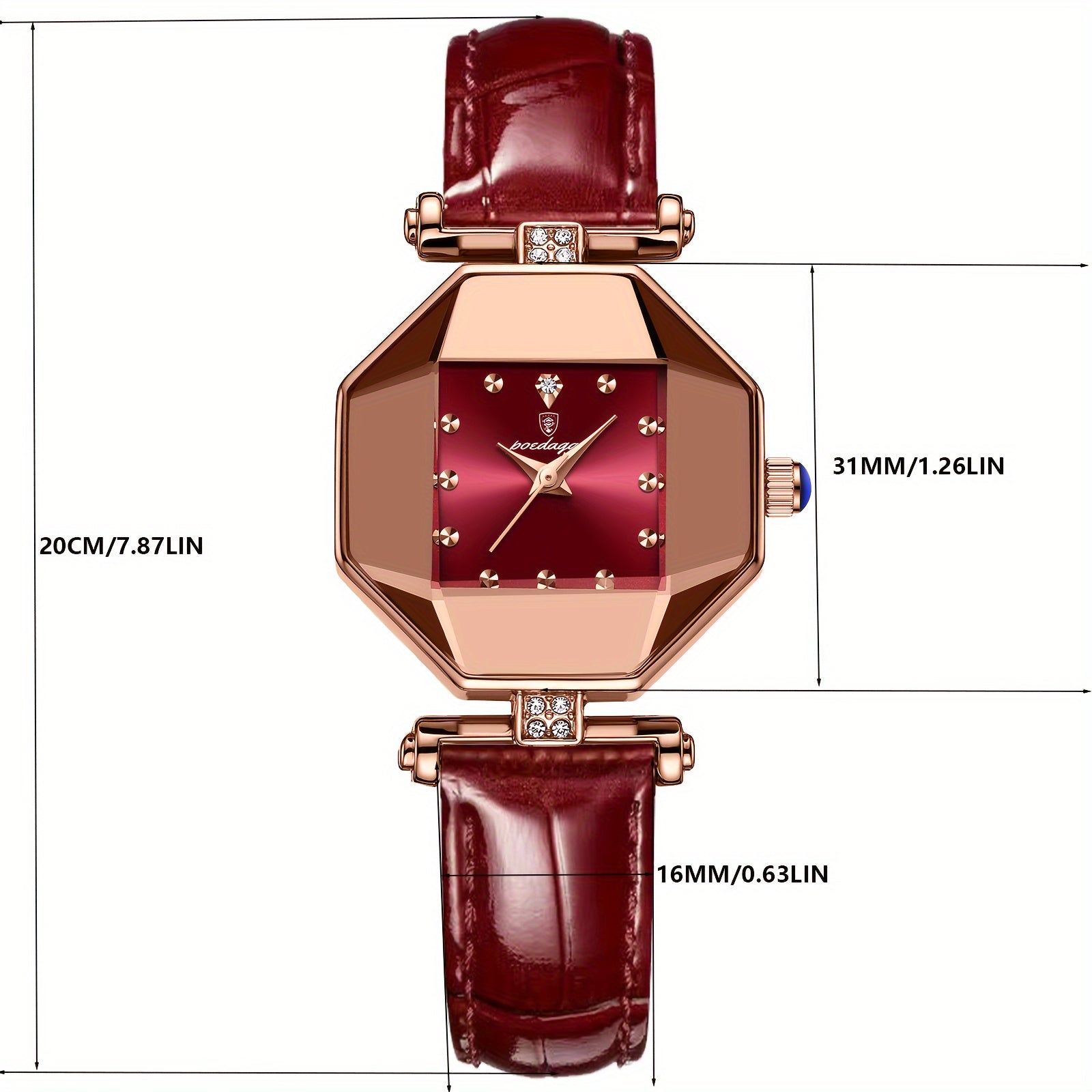 Women's Quartz Watch with Rhinestones and Leather Band Analog Display Polygon Pointer