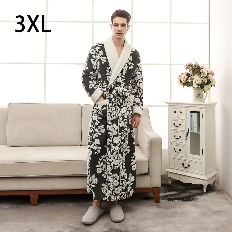 Unisex Thickened Long Bathrobe with Flower Pattern for Home and Bathroom Use