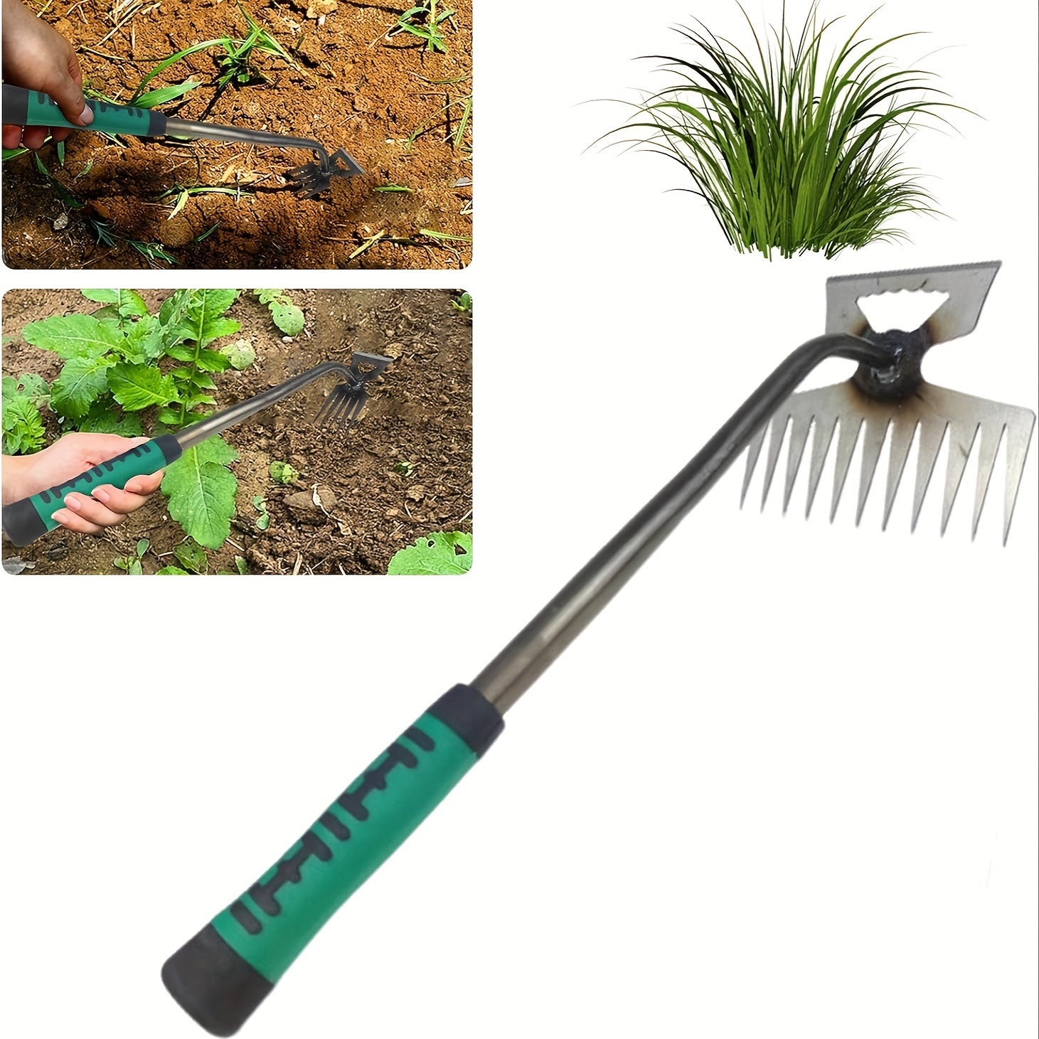 Manual Garden Weeder Tool with 11 Tine Manganese Steel Ergonomic Handle for Lawn and Garden