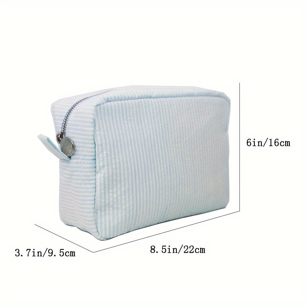 Neceser de maquillaje de lona a rayas bordada para niñas y adolescentes, azul, con cremallera, organizador de viaje
