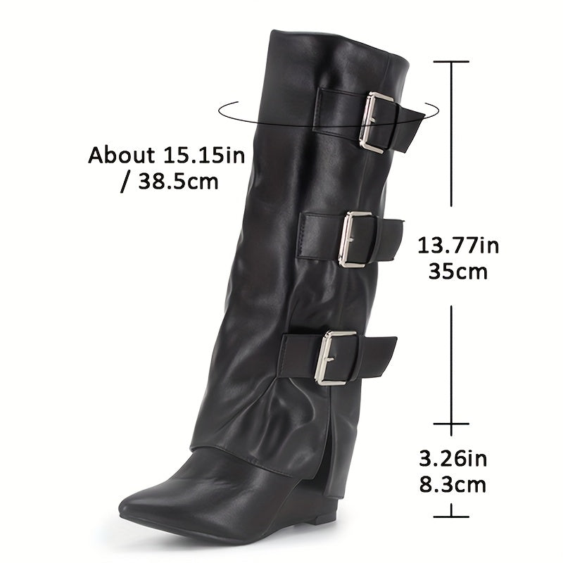 Women's Black Faux Cover Knee-High Boots with Buckle Straps and Wedge Heel