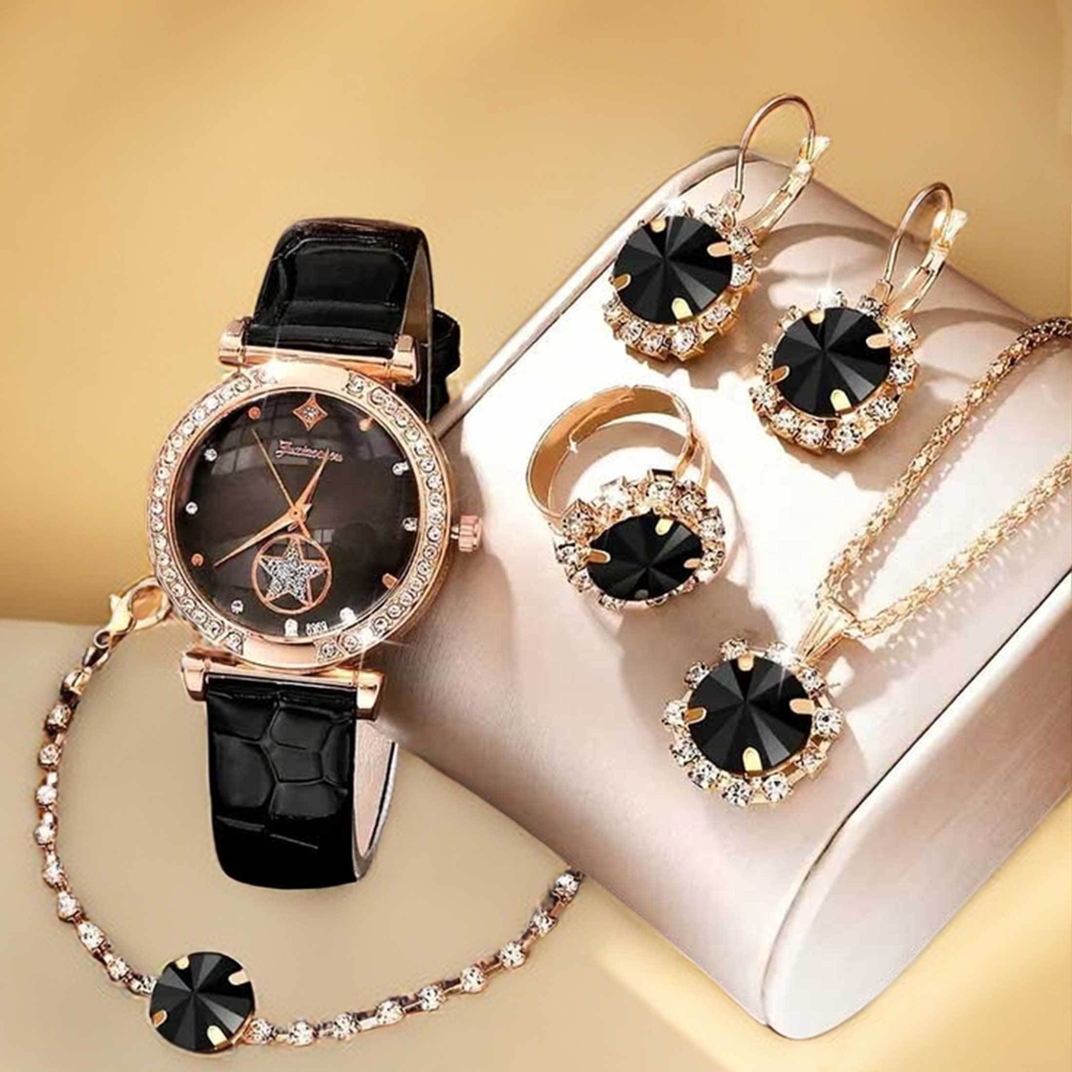 Juego de relojes para mujer de 6 piezas con piedras de rhinestone, estrella, cuarzo analógico, pulsera de cuero, regalo de joyería