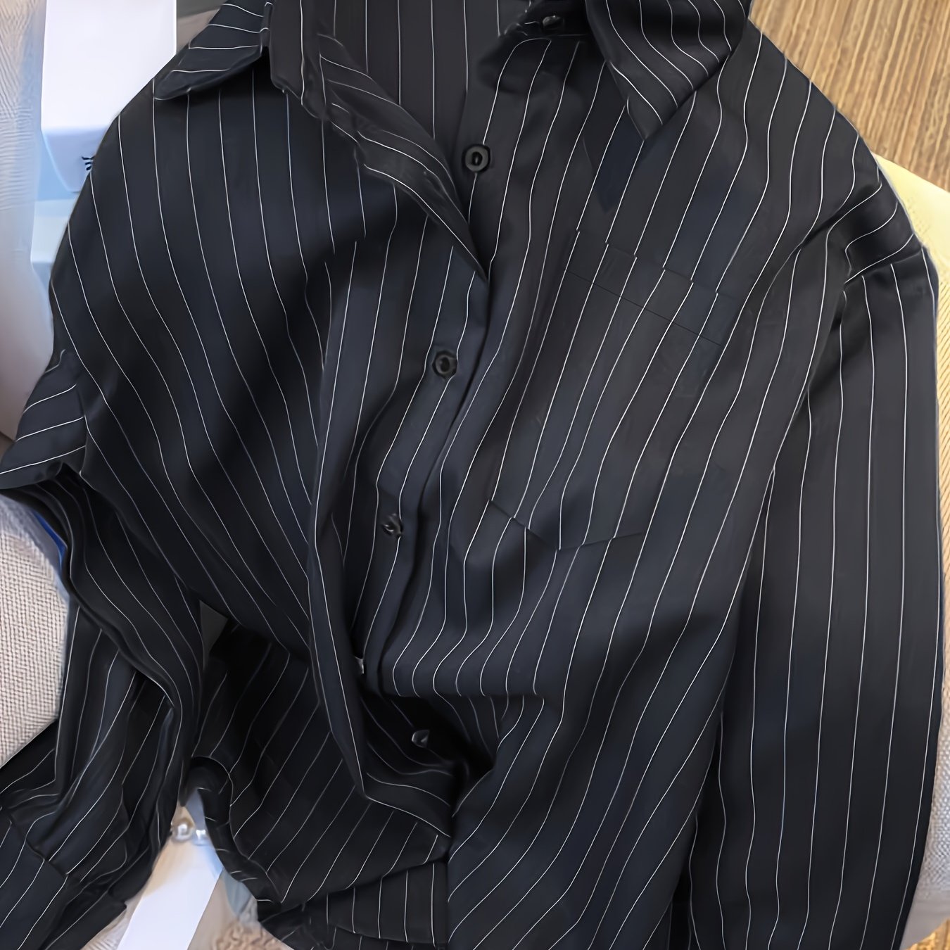 Women's Long Sleeve Striped Shirt Made from 100% Polyester with Lapel Collar and Button-Up Design