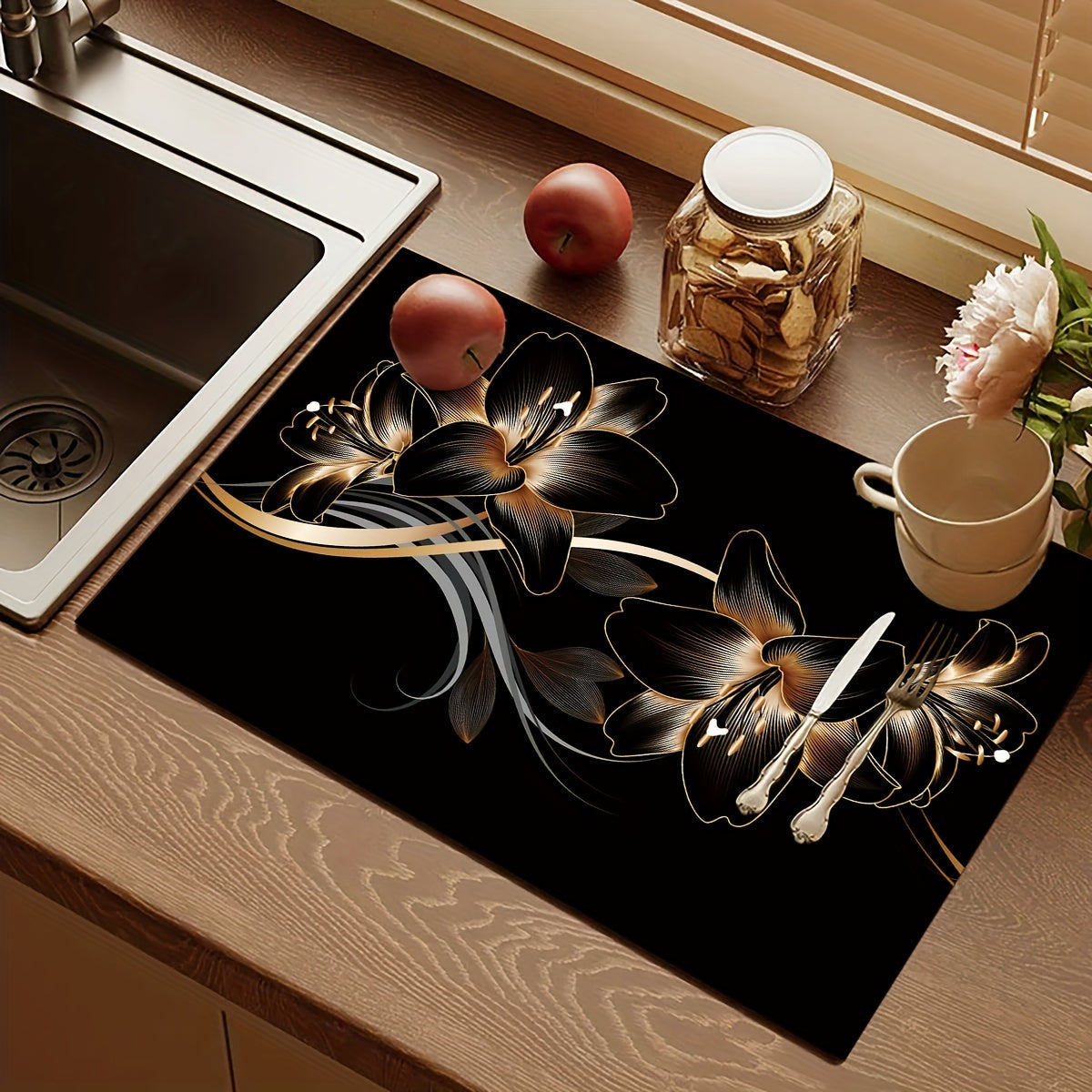 Floral Print Kitchen Dish Drying Mat Non-Slip Rubber Backing 1 Piece