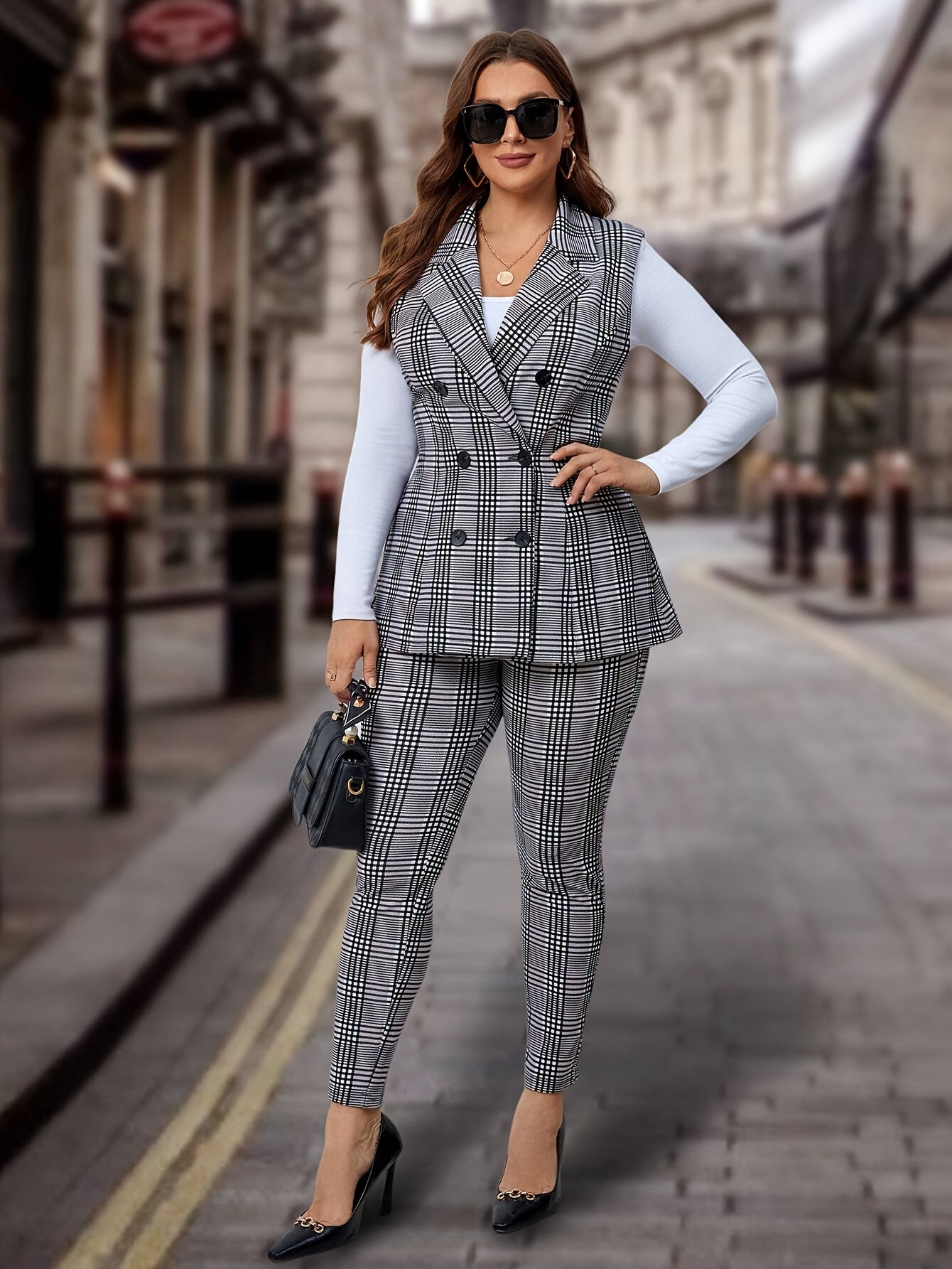 Women's Plaid Blazer Suit Set with Trousers Polyester Open Front Button