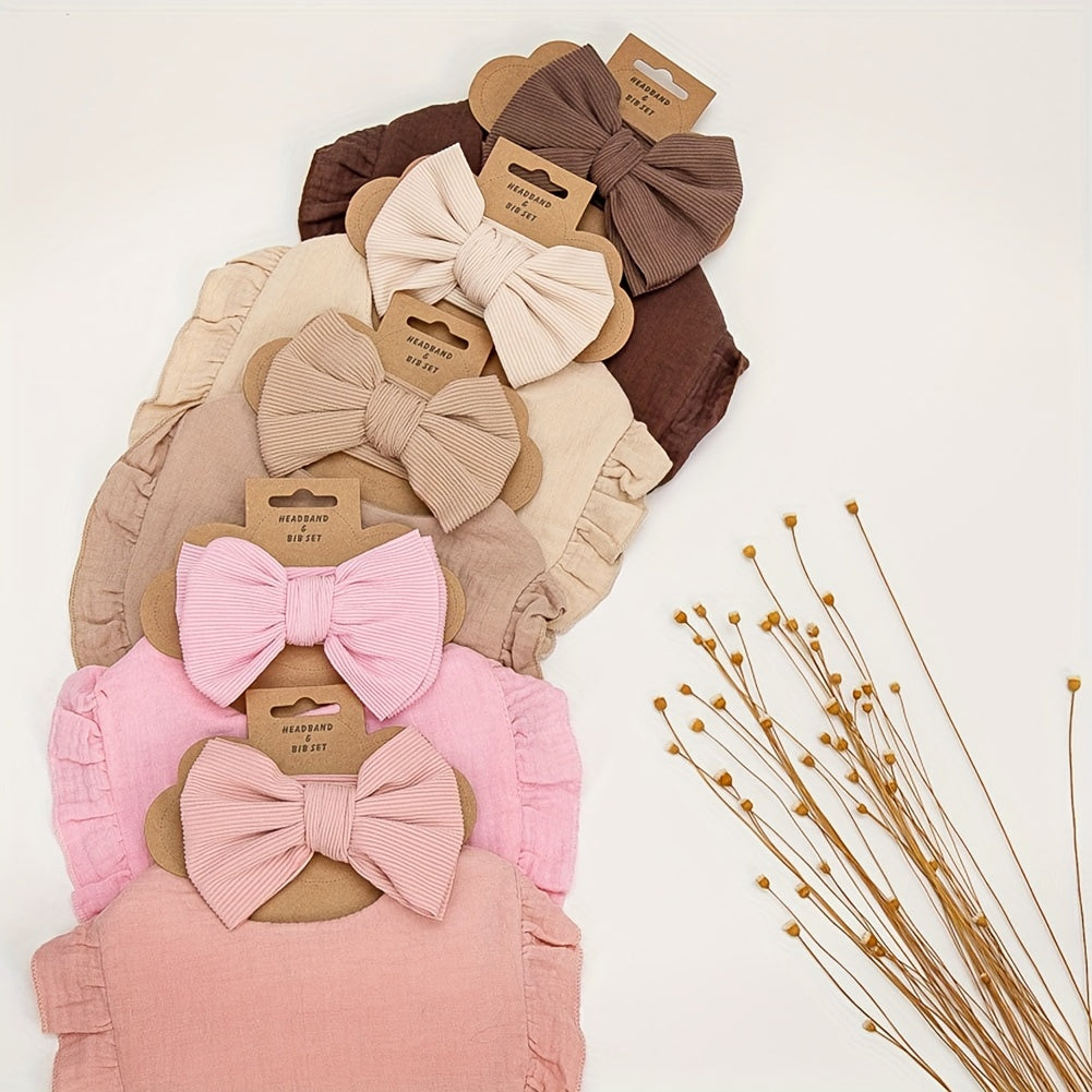 Baby Bibs and Headbands Set of 2 Lotus Leaf Bib and Elastic Bow Headband with Plain Color Soft Bib