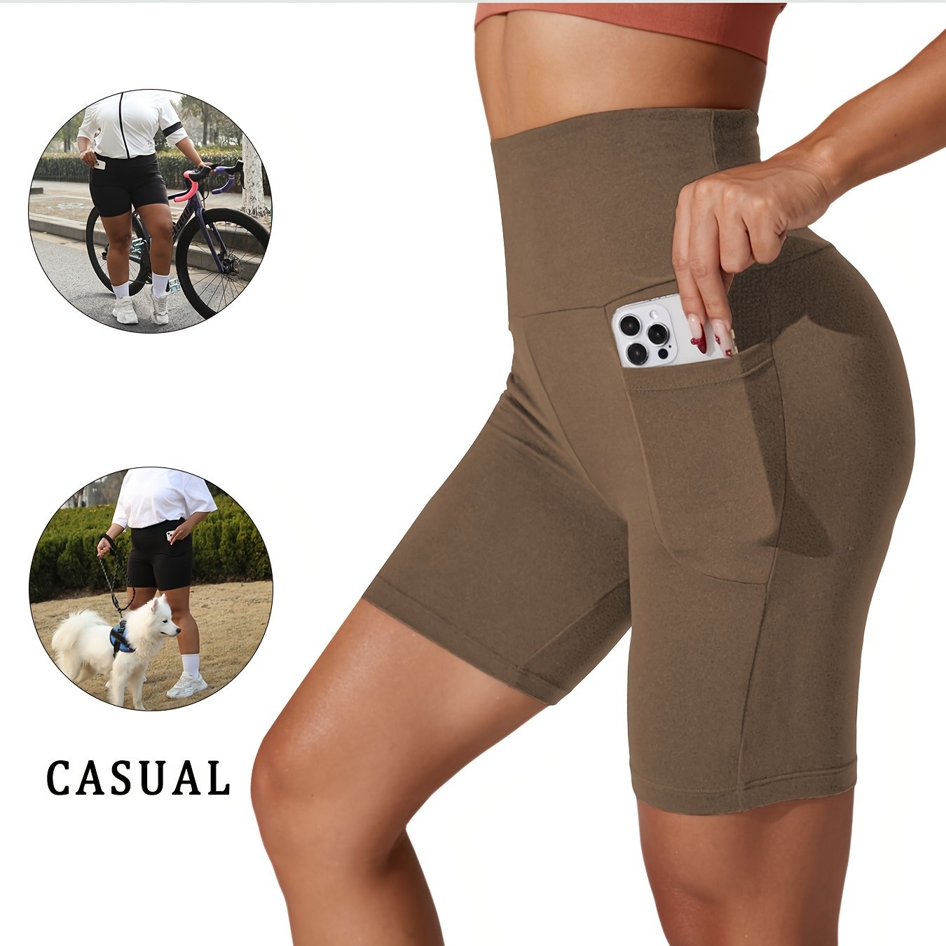 Plus Size High Waisted Biker Shorts Women Pockets Tummy Control Dark Blue