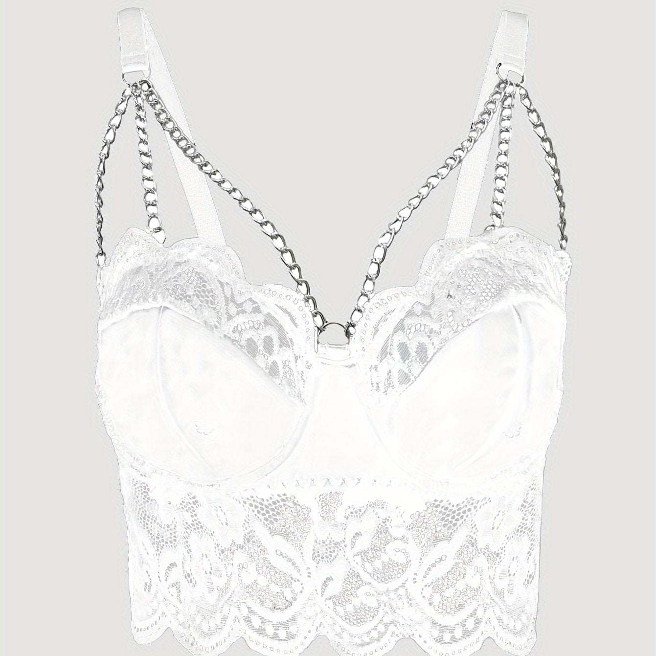 Women Red Floral Lace Chainmail Bra Adjustable Straps Opaque Nylon Polyester