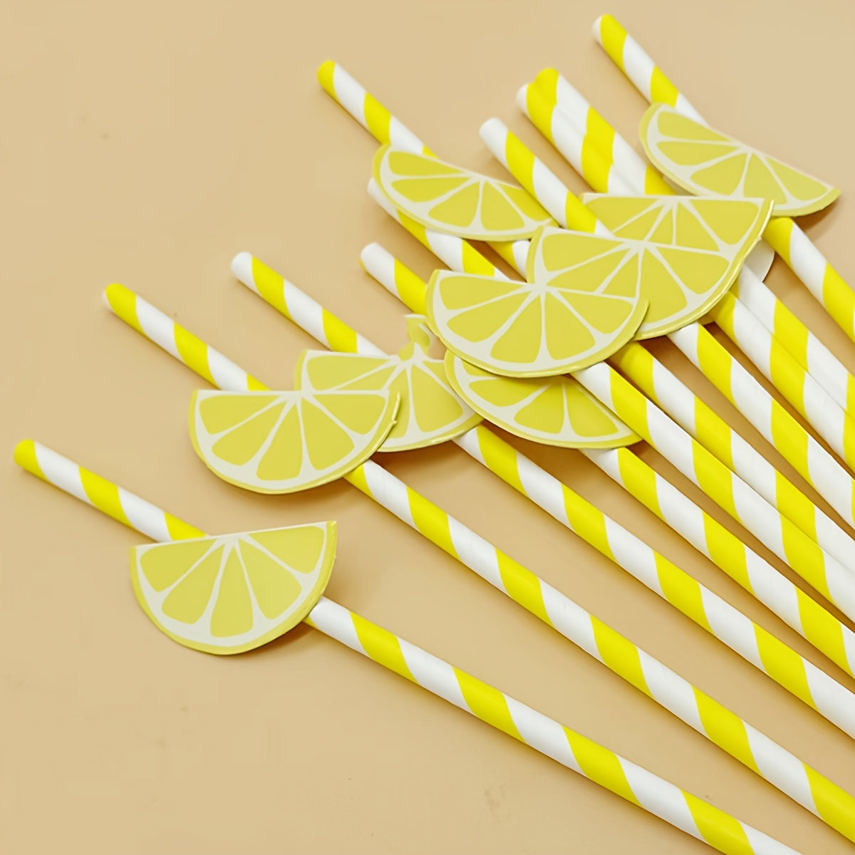 Paquete de 10 pajillas de papel con rodajas de limón amarillas y blancas, ecológicas, para decoración de fiestas