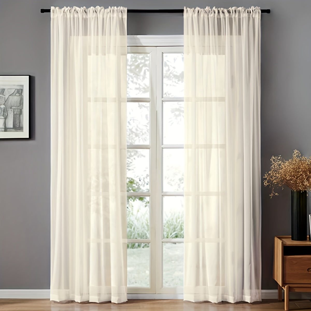 Pair of Sheer Voile Curtains with Rod Pocket for Kitchen Bedroom Living Room