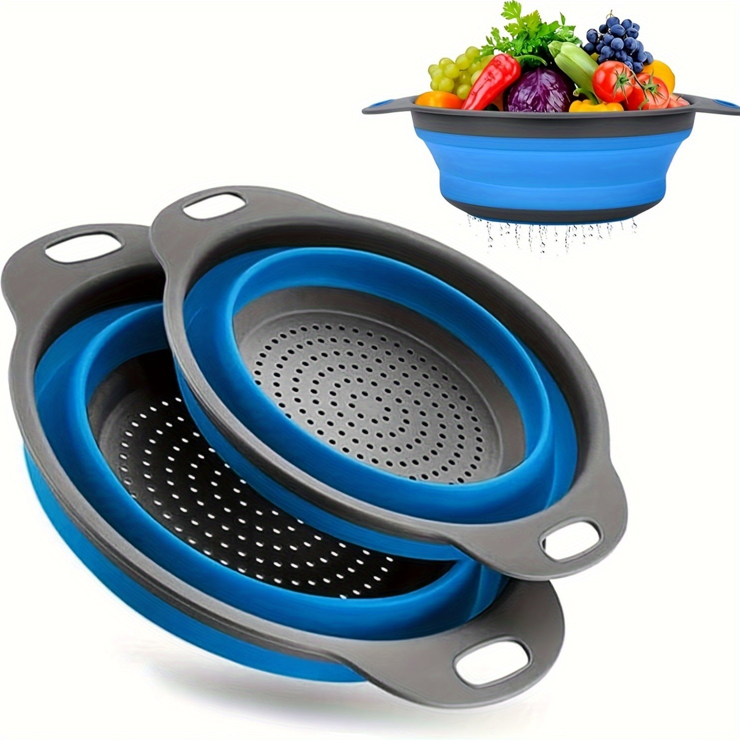 2 Pack Silicone Drain Basket Set Collapsible Funnels for Pasta Vegetables Fruits