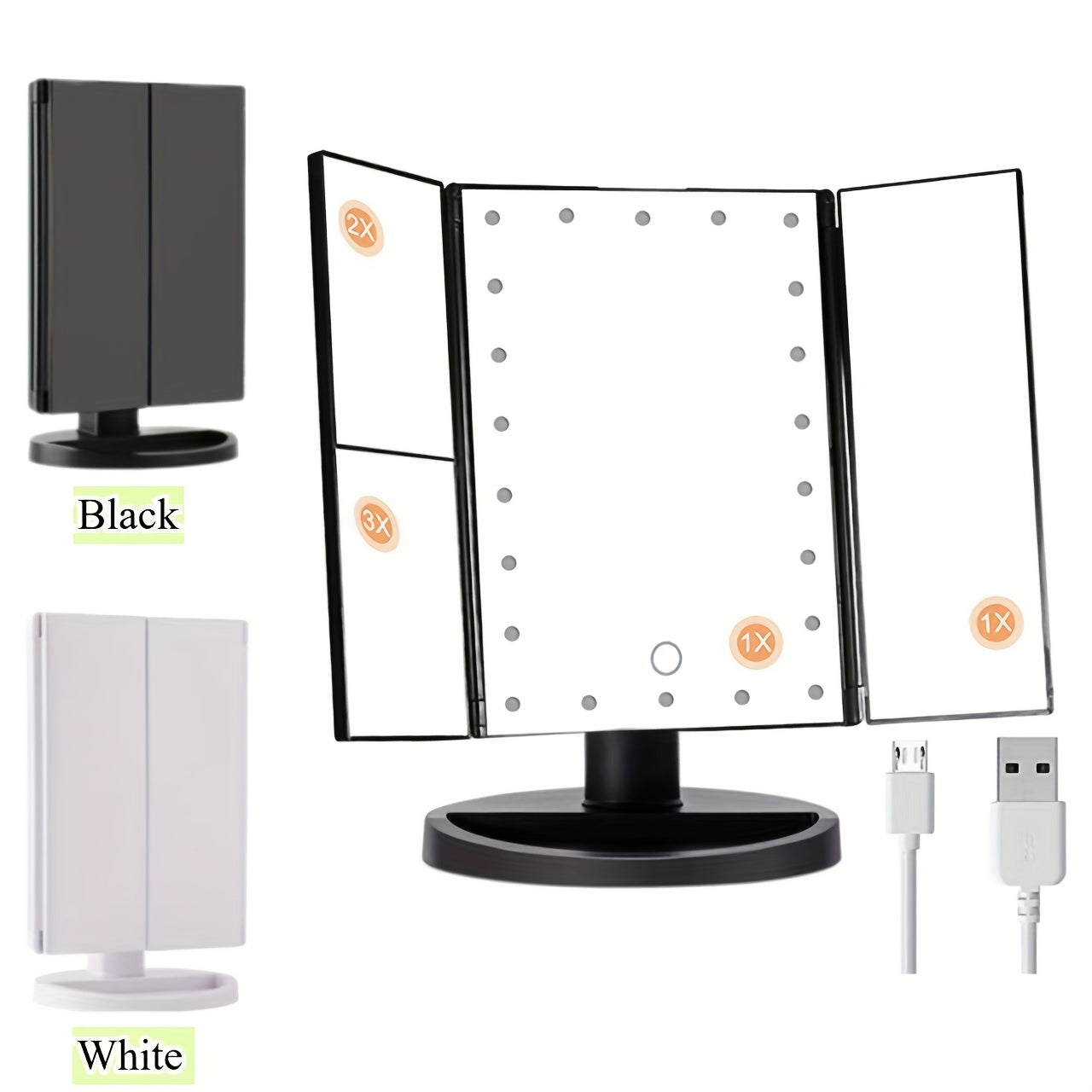 LED Lighted Vanity Makeup Mirror with 2X and 3X Magnification, Touch Control, Trifold Design, Dual Power USB Battery