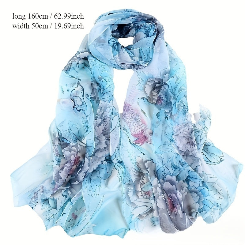 Vintage Peony Print Scarf for Women Breathable Polyester Decorative Fashion Accessory