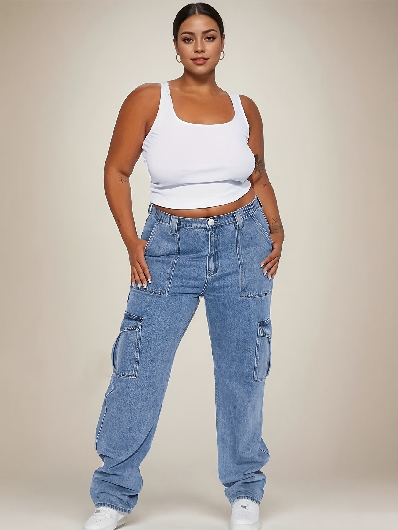 Women's Plus Size Denim Wide Leg Jeans Elastic Waist Multi Pocket Solid Color