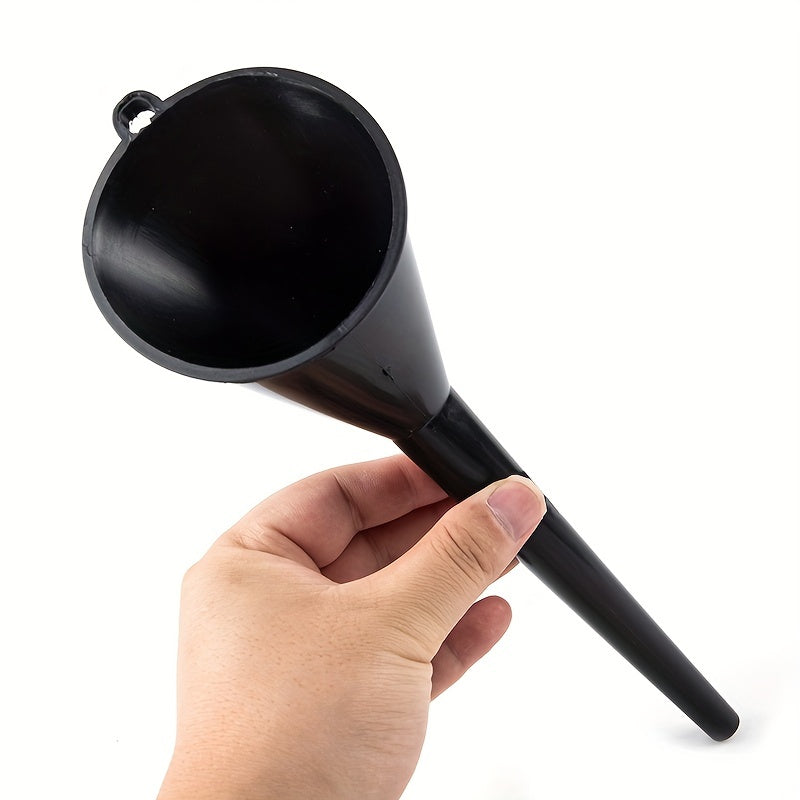 Black Plastic Oil Funnel with Long Neck and Hanging Hook for Automotive Use