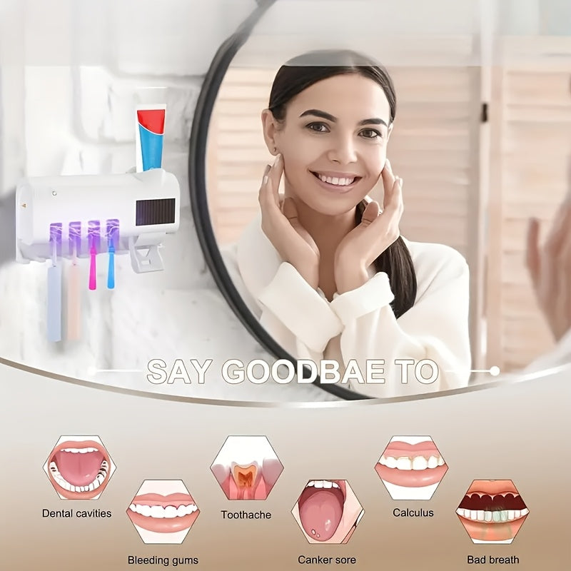 UV sterilizatsiyalovchi tish cho'tkasi ushlagichi va tish pastasi dispenseri, devorga o'rnatiladigan, aqlli dezinfektsiya, hammom aksessuarlari, burgusiz o'rnatish.