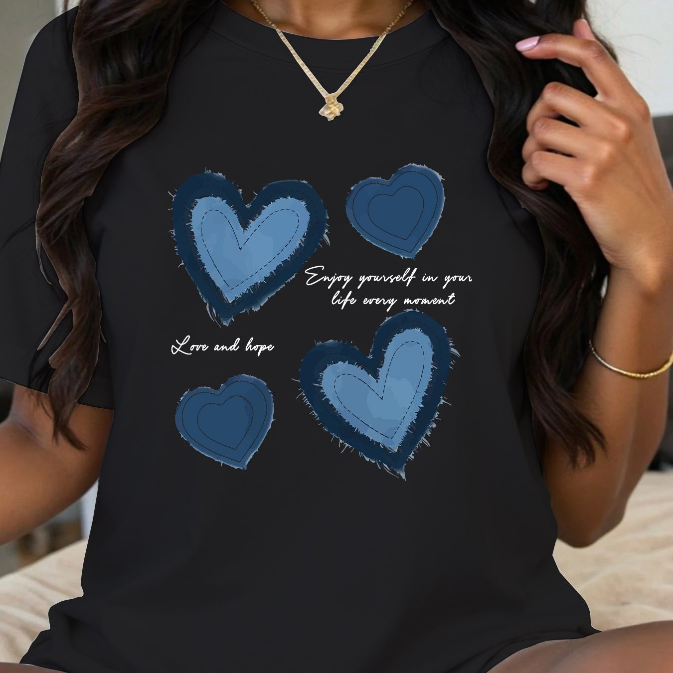 Plus Size Women's Black Casual T-Shirt with Inspirational Quote and Heart Graphics