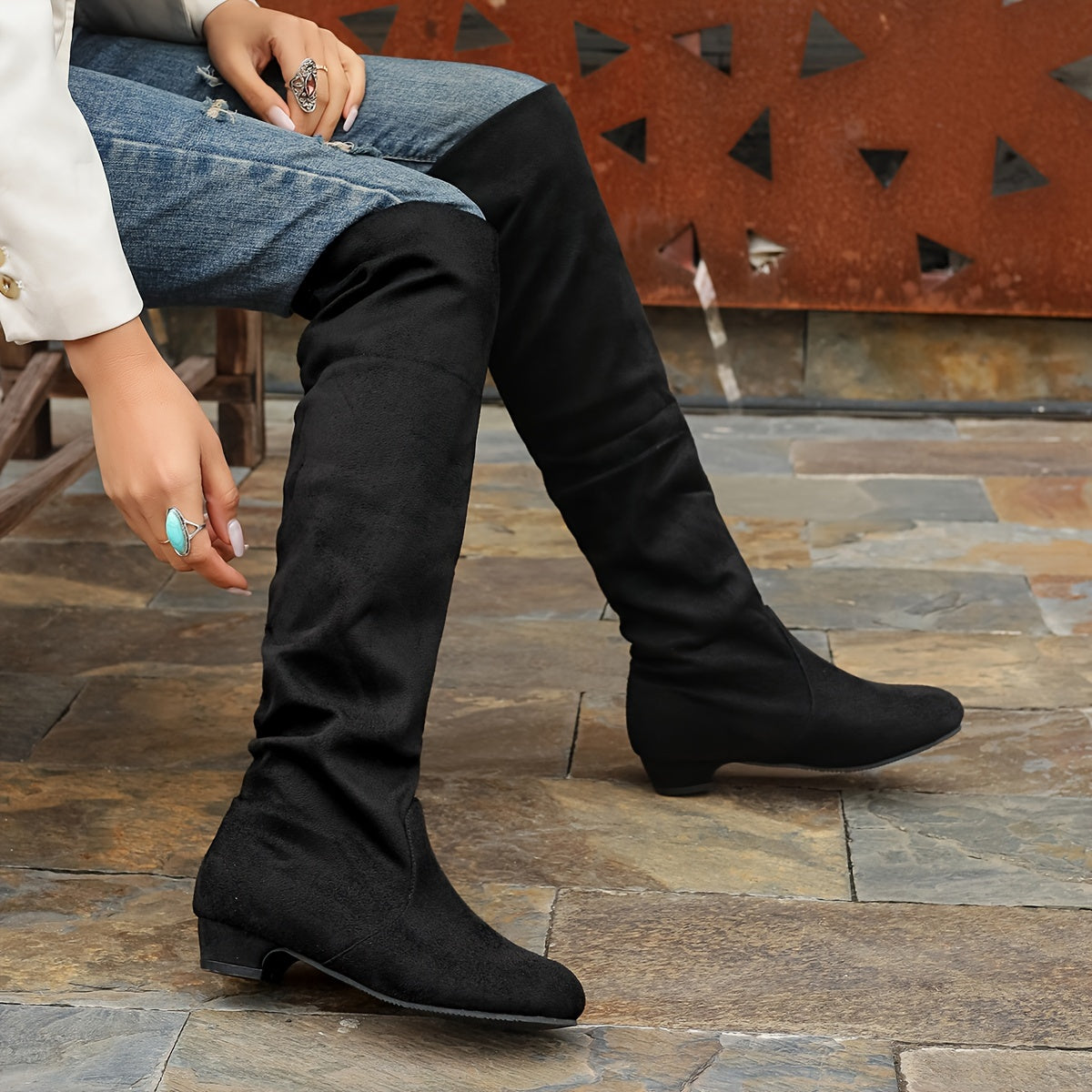 Women's Leather Low-Heeled High-Top Boots Large Sizes