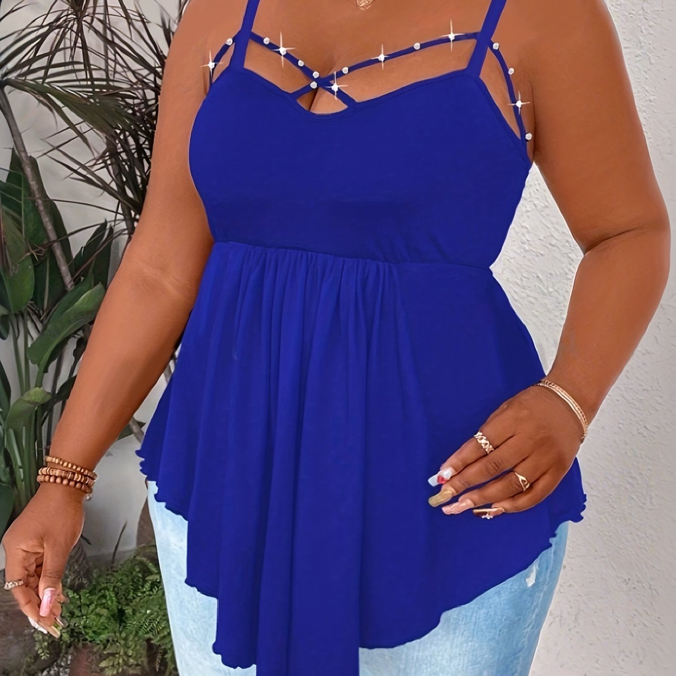 Women's Plus Size V-Neck Cami Top Sleeveless Asymmetrical Pearl