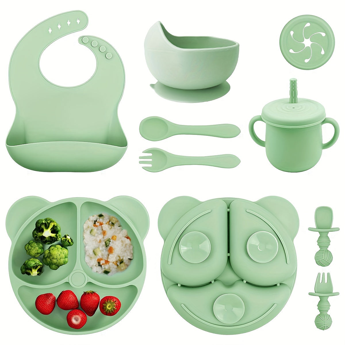 Набор для кормления малышей с присосками, делителями, ложкой, вилкой, чашкой с трубочкой, нагрудником - 10 предметов из силикона без BPA в розовом животном принте. Безопасно для микроволновой печи и духовки - идеально для самостоятельного кормления.