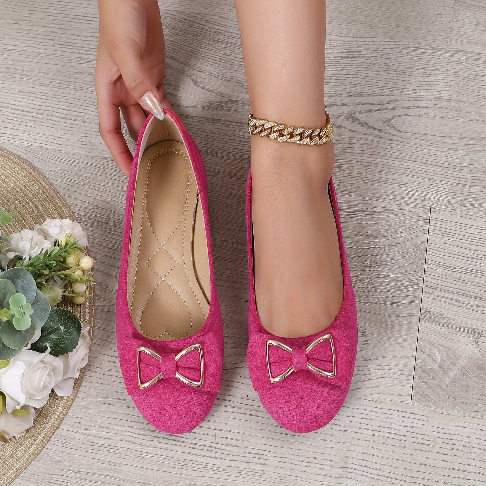 Women's Flat Ballet Shoes with Bow Light Casual Rose Red