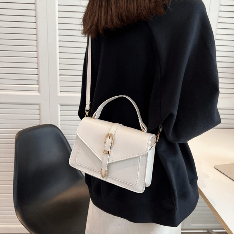 White PU Crossbody Bag with Buckle Closure and Metallic Accents for Women