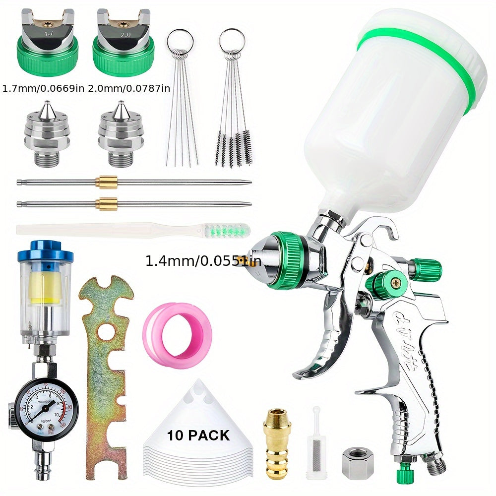 Green Stainless Steel HVLP Spray Gun with 1.4/1.7/2.0mm Nozzles and 600cc Cup