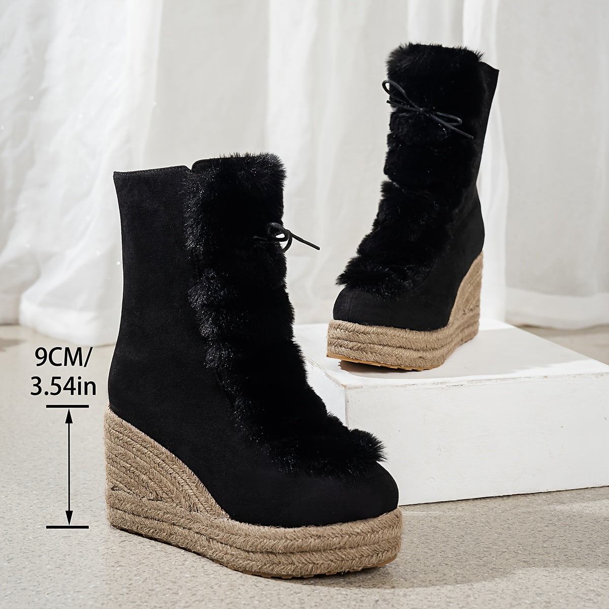 Женские льняные ботильоны на платформе с клиновидным каблуком и меховой отделкой, на молнии