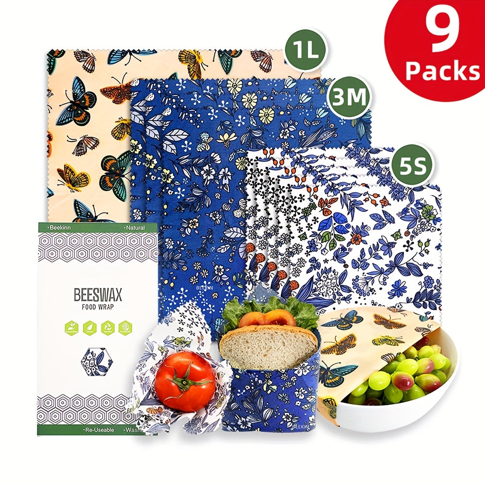 Food Covers Set 9 Pieces Beeswax Wraps Reusable Food Preservation for Leftovers and Fruits