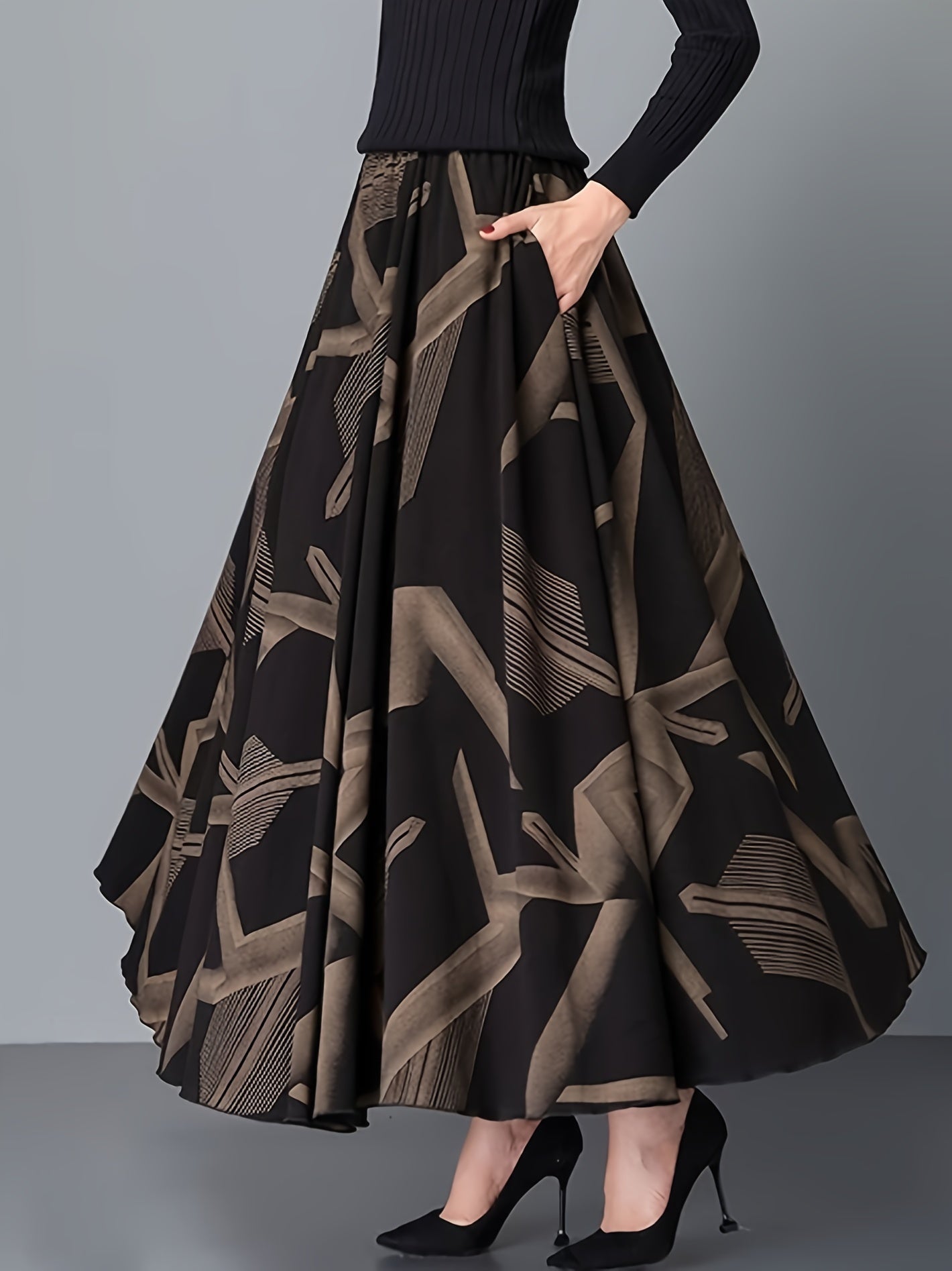 Women's Long Flared Geometric Pattern Polyester Skirt for Spring and Summer Vacation