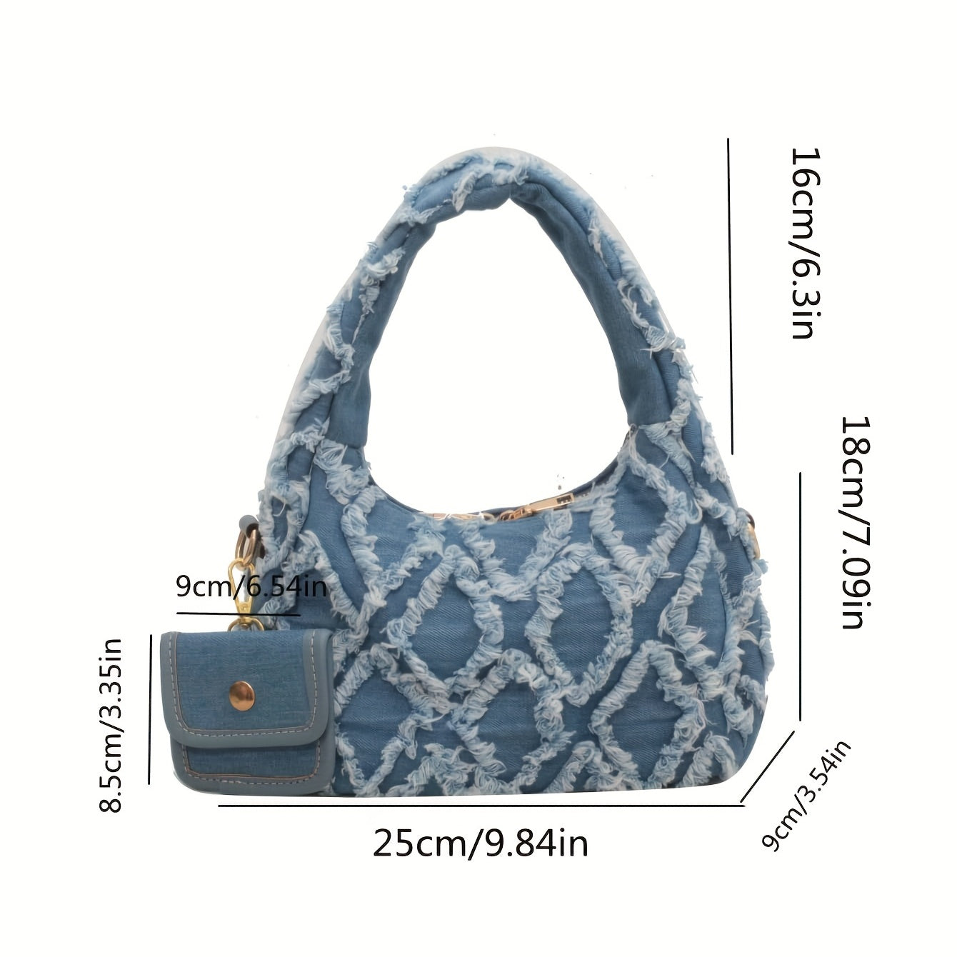 Light Blue Denim Shoulder Bag with Diamond Pattern and Fringe Detail