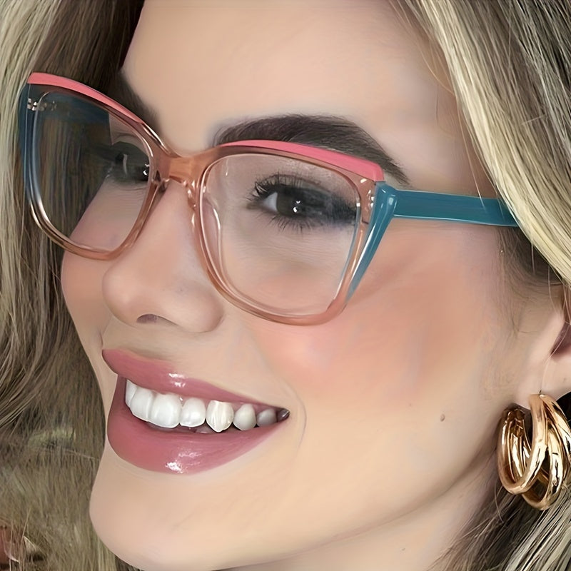 Women's Decorative Cat-Eye Spectacles with Clear Color-Blocked Lenses