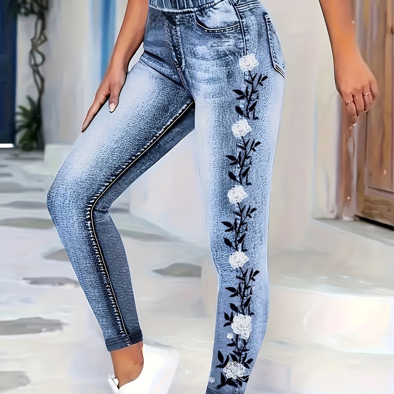 High Waist Faux Denim Print Leggings for Daily Wear Women Long Stretch Skinny Tights