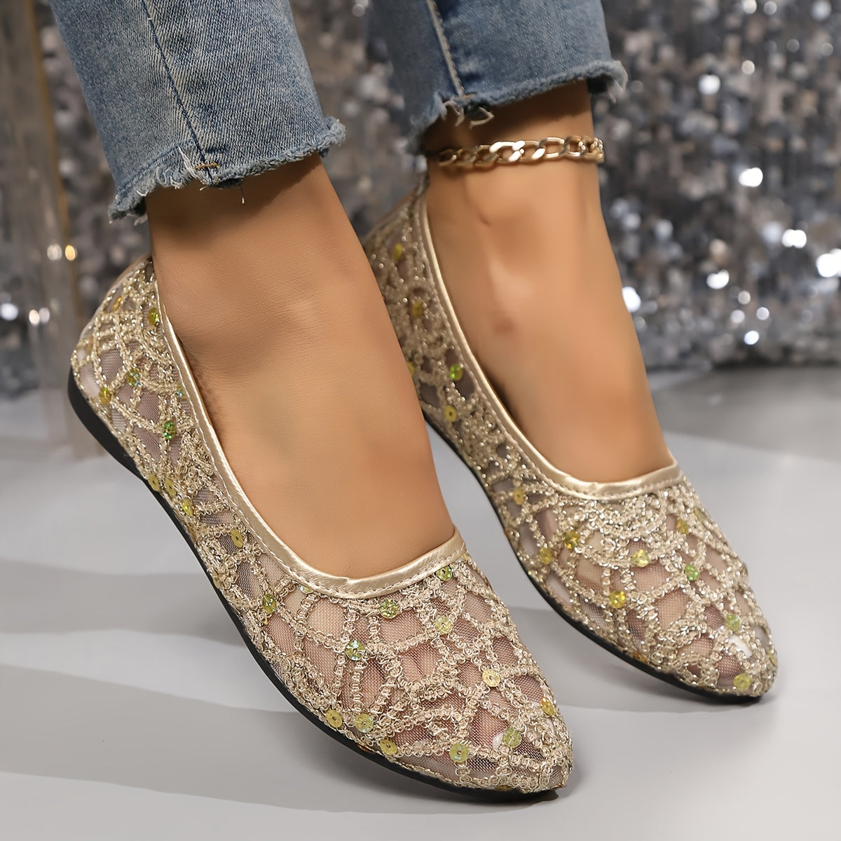 Zapatos planos slip-on de malla con purpurina para mujer, suela de EVA transpirable, zapatos para todas las estaciones