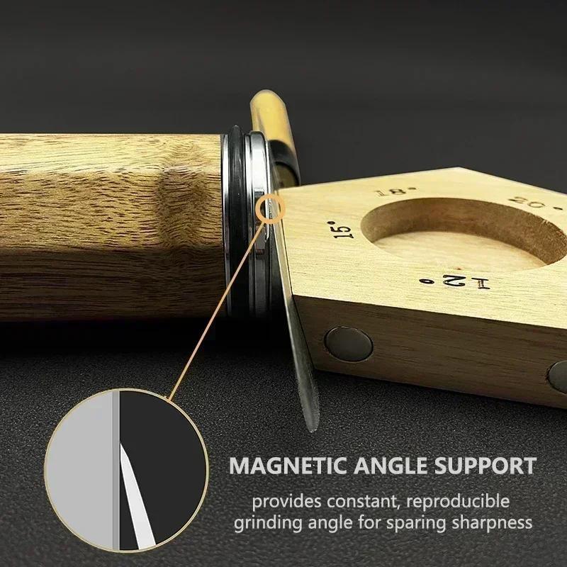 Yog'och asosli kichik pichoq silliqlash mashinasi, zanglamas po'lat komponentlar, olmos va whetstone silliqlash toshlari, 5 sozlanadigan burchaklar va oshxona pichoqlari uchun magnit tortish uchun.