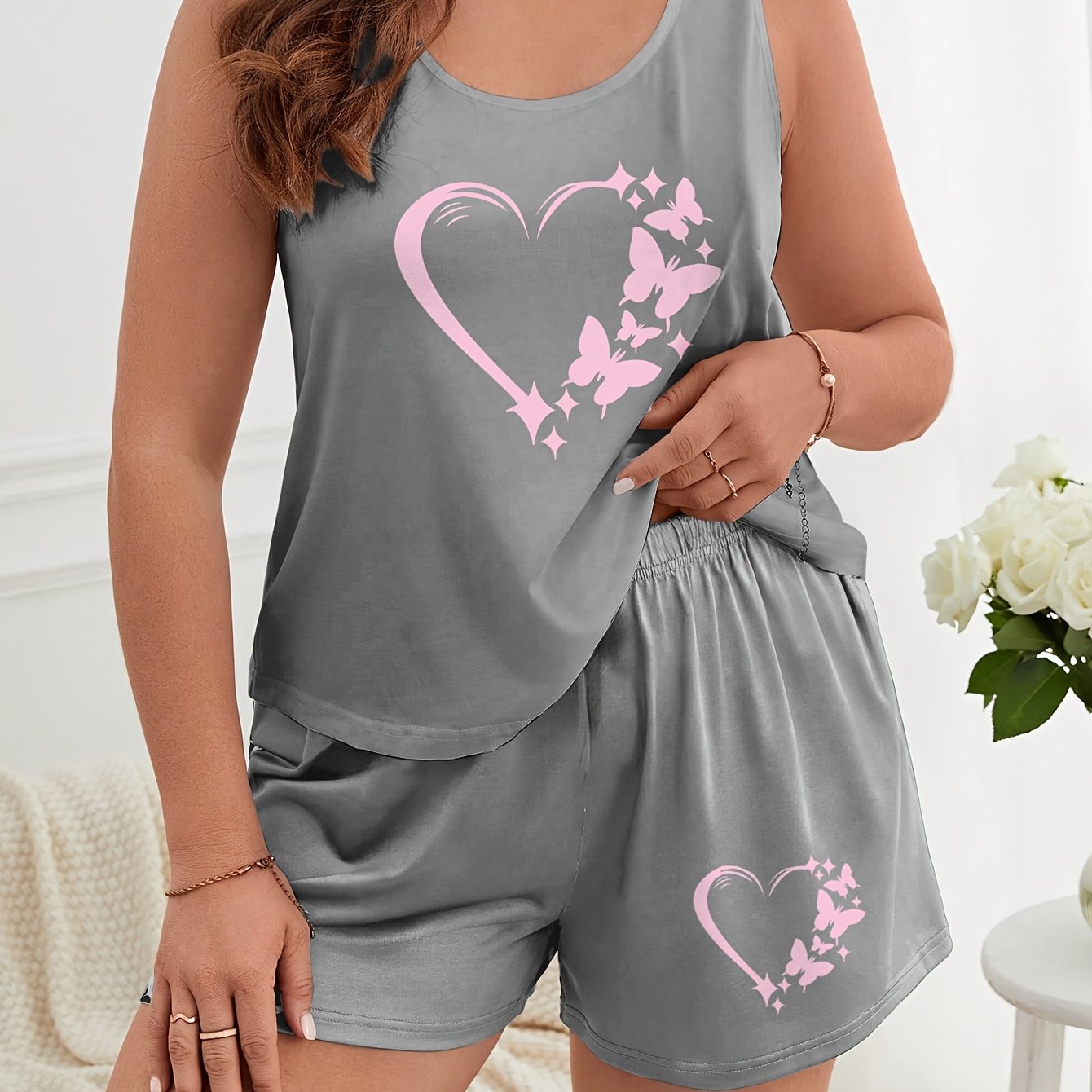 Plus Size Women's Pajama Set Gray Heart Butterfly Print Sleepwear Two Pieces