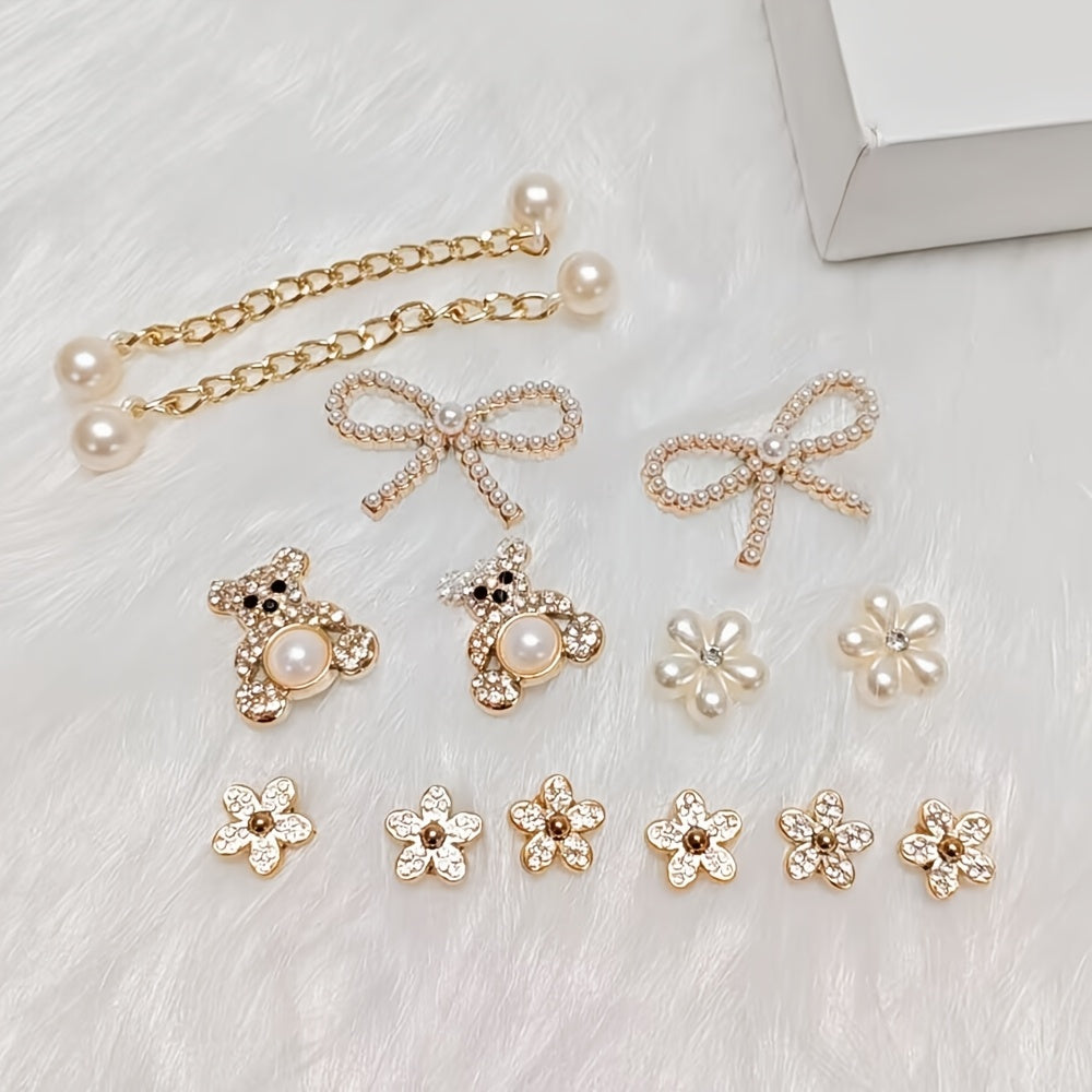 Unisex Pearl and Crystal Shoe Charm Set Detachable Accessories for Sandals