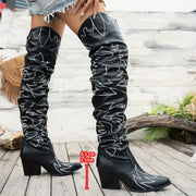 Women's Black Floral Embossed Faux Over-the-Knee Boots Pointed Toe Chunky Heel