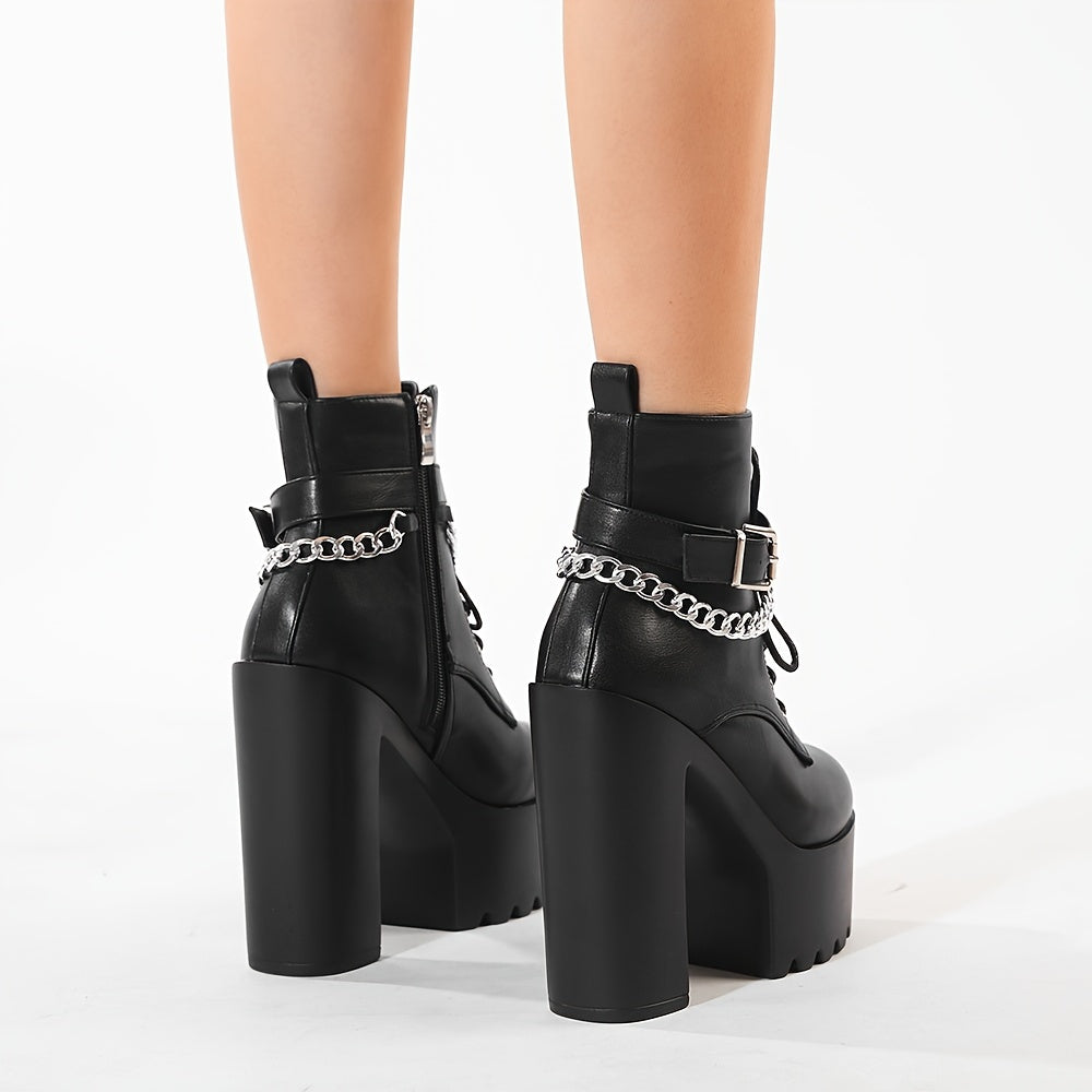 Women's Ankle Boots with Chain Decor Block Heel Lace-Up Side Zipper All-Season