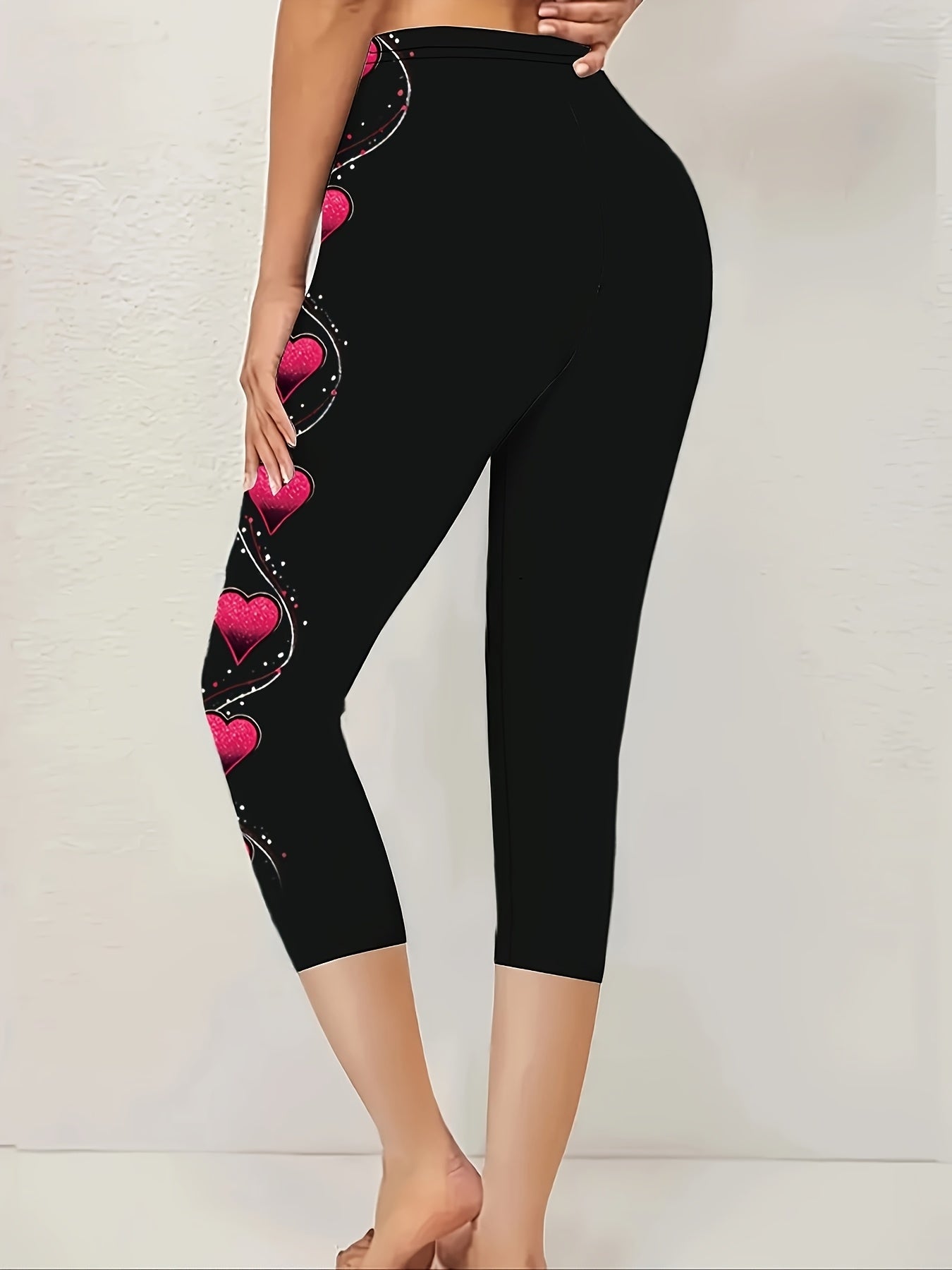 Women’s Black Skinny Leggings with Pink Heart and Star Print Beach Wear